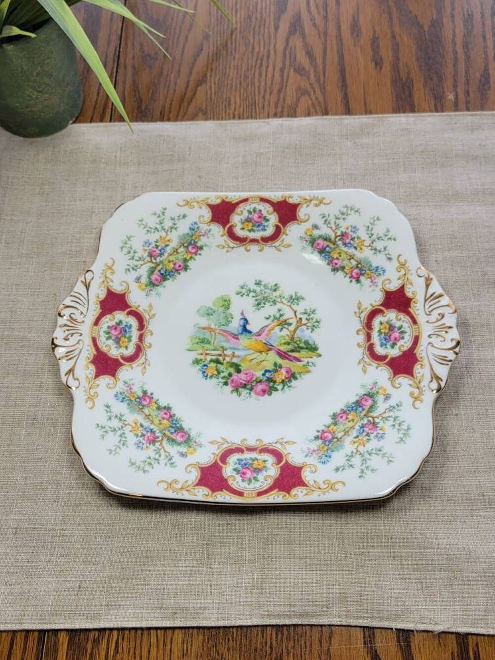 Vintage Foley Broadway Maroon Cake Plate Chelsea Bird Square Serving Platter